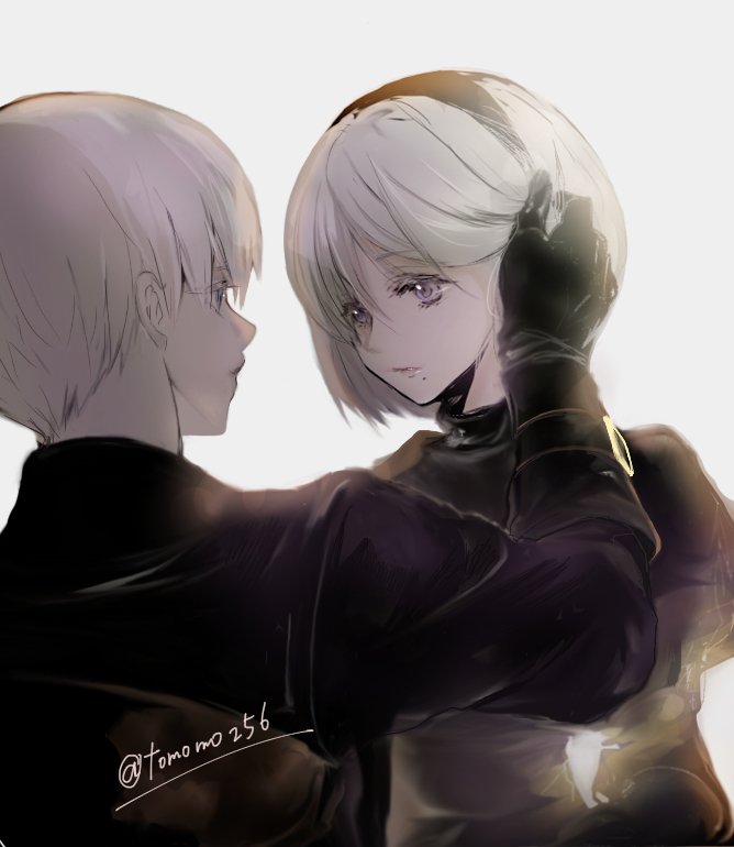 1boy 1girl black_dress black_gloves black_hairband black_jacket bob_cut dress gloves grey_background grey_eyes hair_between_eyes hairband hand_in_another's_hair jacket juliet_sleeves long_sleeves looking_at_another mole mole_under_mouth nier_(series) nier_automata puffy_sleeves short_hair tomo_(552252) twitter_username upper_body white_hair yorha_no._2_type_b yorha_no._9_type_s