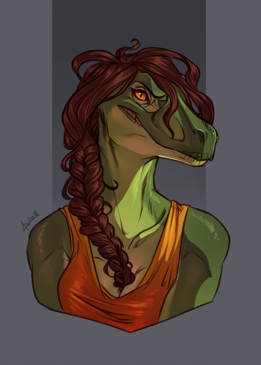 adeloo anthro athletic athletic_anthro athletic_female braided_hair breasts brown_hair bust_portrait clothed clothing dinosaur dromaeosaurid female green_body green_scales hair hi_res looking_at_viewer non-mammal_breasts portrait pupils reptile scales scalie shirt slit_pupils smile solo tank_top theropod topwear velociraptor yvonne_(lolzguy)