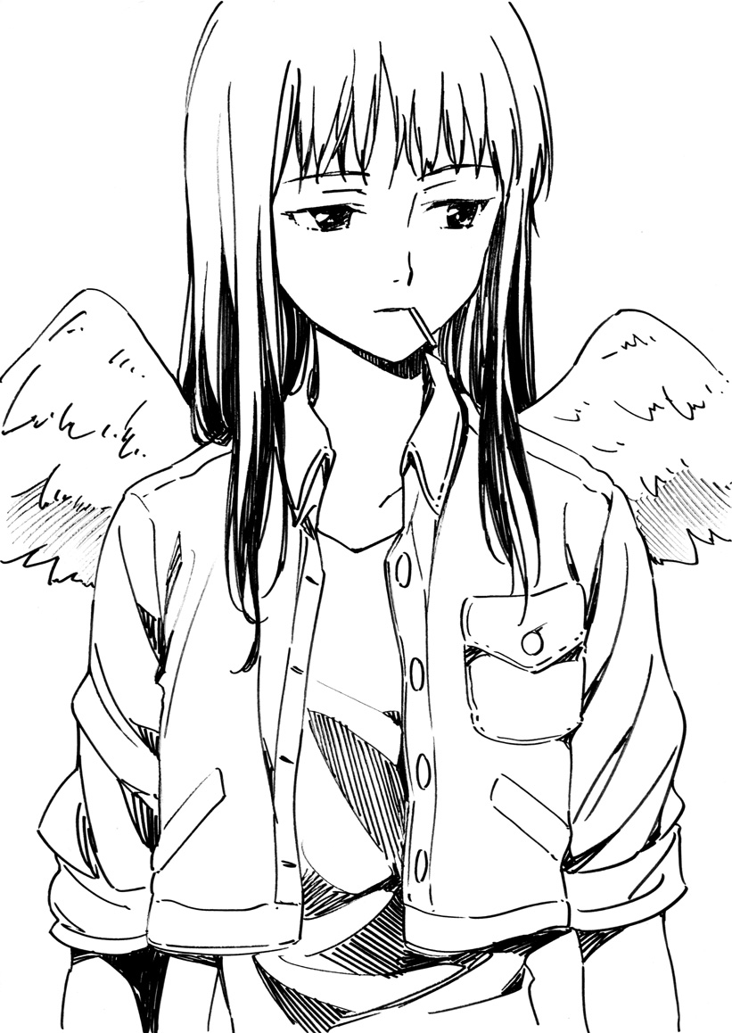 1girl agahari angel angel_wings cigarette closed_mouth commentary_request feathered_wings greyscale haibane_renmei jacket long_hair monochrome reki_(haibane) simple_background sleeves_rolled_up solo white_background wings