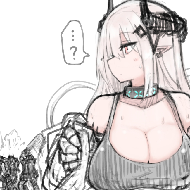 ...? 1girl arknights bare_shoulders black_collar black_tank_top breasts cleavage collar cool_(ningen_pump) demon_horns grey_hair hair_ornament horns infection_monitor_(arknights) large_breasts long_hair mudrock_(arknights) oripathy_lesion_(arknights) red_eyes simple_background sketch solo_focus tank_top upper_body white_background
