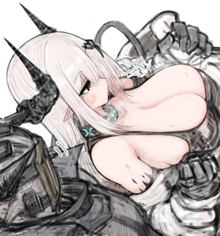 1girl areola_slip arknights bare_shoulders black_collar black_gloves black_tank_top breasts cleavage collar cool_(ningen_pump) demon_horns dutch_angle gloves grey_hair hair_ornament horns huge_breasts infection_monitor_(arknights) long_hair mudrock_(arknights) oripathy_lesion_(arknights) red_eyes simple_background sketch solo_focus tank_top upper_body white_background