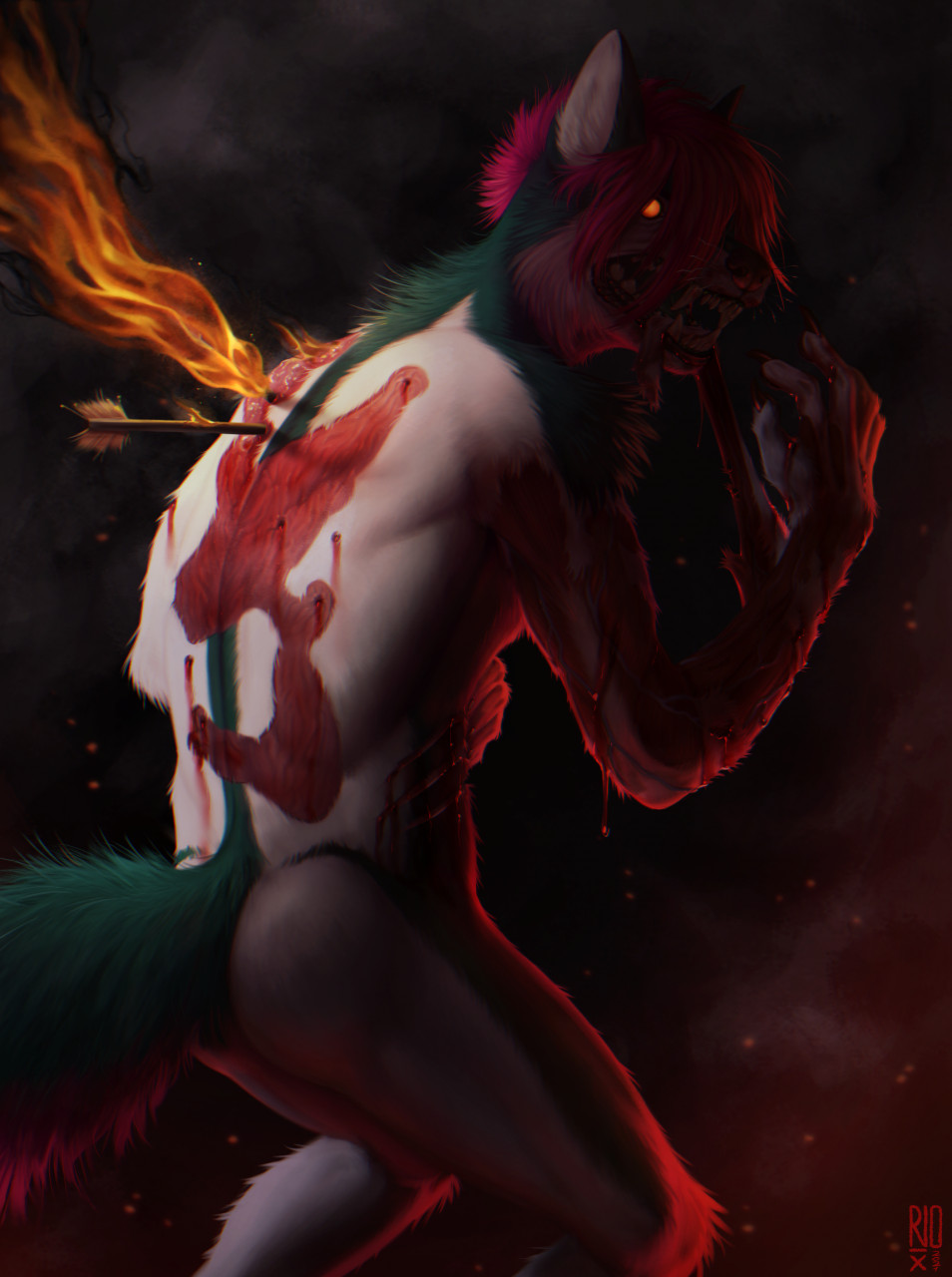 2021 anthro arrow_(weapon) arrow_wound artist_name blood blood_on_arm blood_on_hand bodily_fluids butt canid dated exposed_flesh fangs fire fur gore green_body green_fur hair hi_res looking_at_viewer male mammal nightmare_fuel no_pupils nude open_mouth orange_eyes pink_hair portrait ranged_weapon riorix scratches shoulder_tuft simple_background skinning solo three-quarter_portrait three-quarter_view tuft weapon white_body white_fur wide_eyed wounded