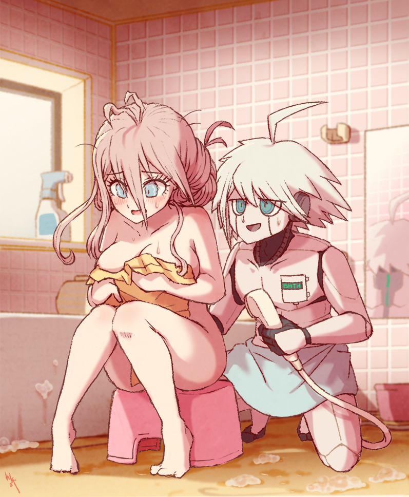 1boy 1girl :d ahoge antenna_hair barefoot bathroom bathtub blonde_hair blush breasts collarbone completely_nude danganronpa_(series) danganronpa_v3:_killing_harmony green_eyes hair_between_eyes hakusoto holding holding_shower_head indoors iruma_miu keebo large_breasts mirror naked_towel nude shower_head sitting smile tile_wall tiles towel wet white_hair window