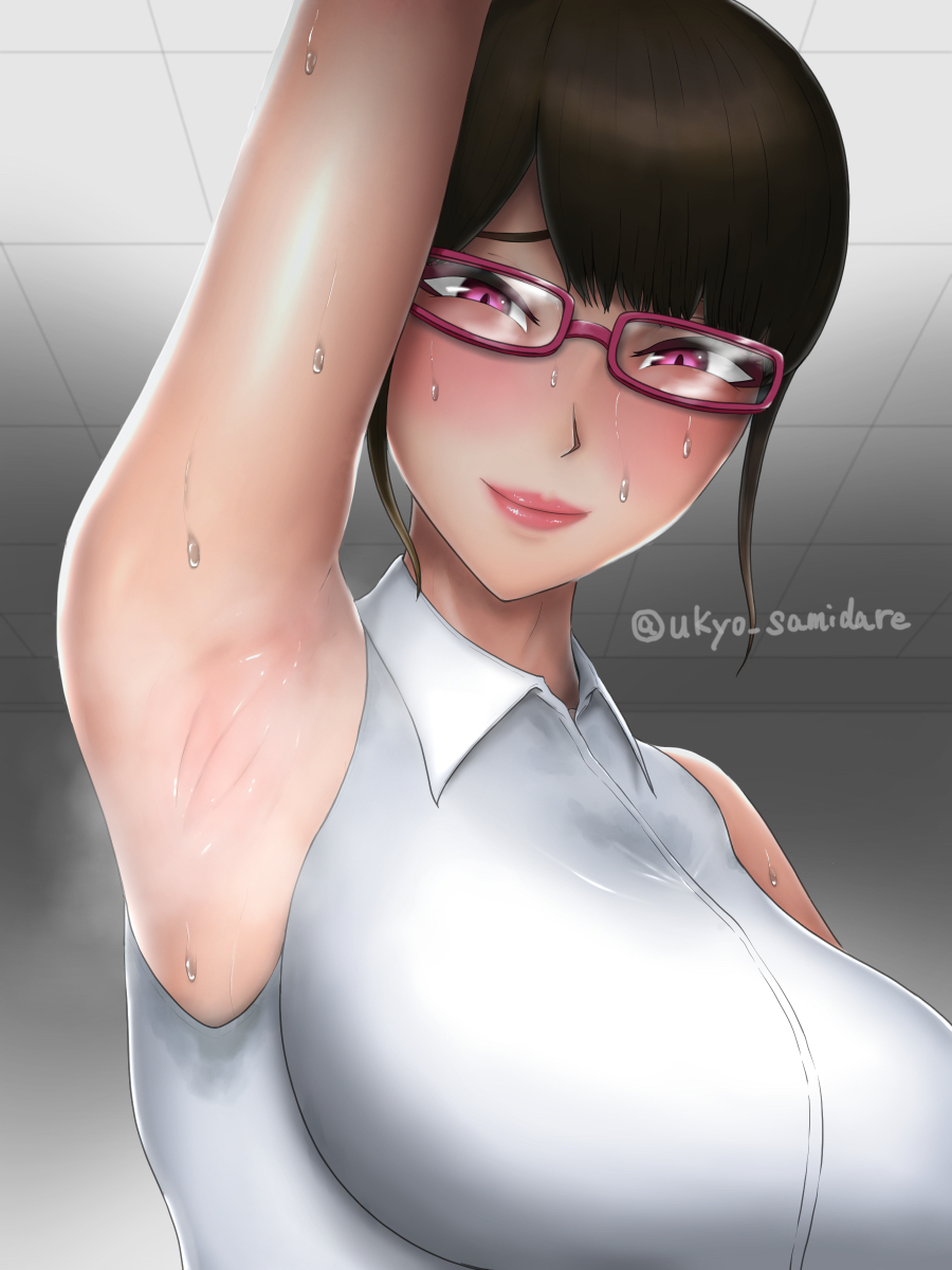 1girl armpits bangs blush breasts brown_hair ceiling collared_shirt from_below glasses highres large_breasts lips looking_at_viewer original pink_hair presenting_armpit shirt sidelocks signature sleeveless smell smile stained_clothes steam sweat sweaty_clothes teacher tile_ceiling tiles ukyo_samidare white_shirt