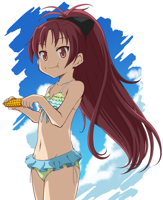 1girl bikini bikini_skirt black_bow blue_bikini bow corn crumbs eating fang food food_on_face front-tie_bikini_top front-tie_top green_bikini holding holding_food ki_(adotadot) mahou_shoujo_madoka_magica navel red_eyes red_hair sakura_kyouko solo swimsuit