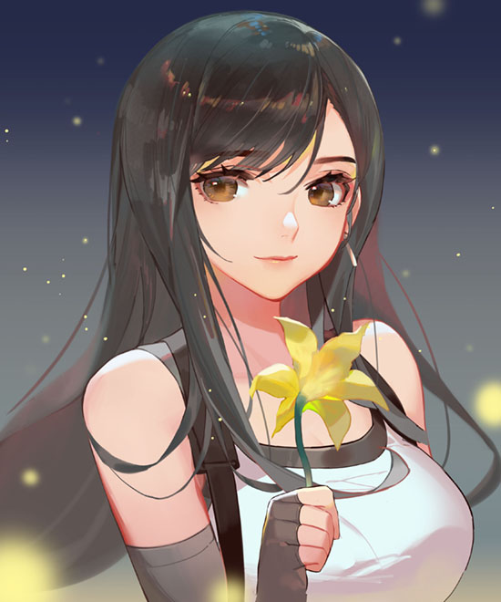 1girl bangs bare_shoulders black_gloves black_hair black_sports_bra breasts brown_eyes closed_mouth earrings elbow_gloves eyelashes final_fantasy final_fantasy_vii final_fantasy_vii_remake fingerless_gloves flower gloves holding holding_flower jewelry large_breasts light_particles lips long_hair looking_at_viewer single_earring smile solo songjikyo sports_bra swept_bangs tank_top tifa_lockhart undershirt upper_body white_tank_top yellow_flower