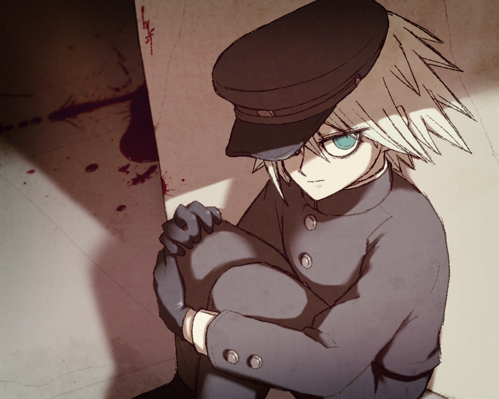 1boy bangs black_gloves black_headwear black_jacket blood buttons closed_mouth danganronpa_(series) danganronpa_v3:_killing_harmony gloves green_eyes grey_hair hakusoto jacket keebo knees_up long_sleeves sitting solo