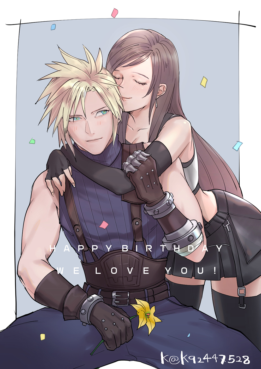 1boy 1girl bangs bare_shoulders belt belt_buckle black_hair black_skirt black_sports_bra black_thighhighs blonde_hair blue_eyes blush brown_gloves brown_hair buckle closed_eyes closed_mouth cloud_strife collarbone confetti couple earrings elbow_gloves english_text final_fantasy final_fantasy_vii final_fantasy_vii_remake fingerless_gloves flower gloves hand_on_another's_arm happy_birthday highres holding holding_flower hug hug_from_behind jewelry long_hair looking_at_another mugikoma multiple_belts ribbed_sweater single_earring sitting skirt sleeveless sleeveless_turtleneck smile spiked_hair sports_bra suspender_skirt suspenders sweater swept_bangs tank_top thighhighs tifa_lockhart turtleneck turtleneck_sweater twitter_username white_tank_top yellow_flower zettai_ryouiki