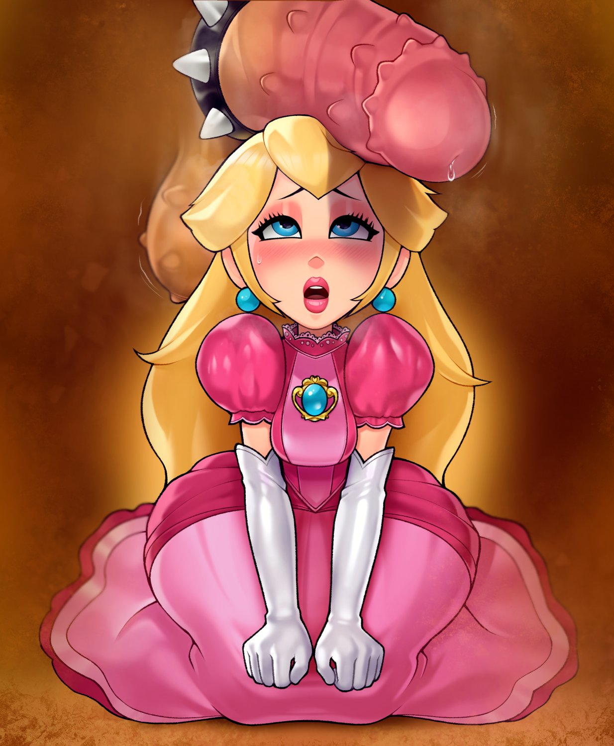 1boy 1girl blue_eyes blush bowser brooch cock_ring disembodied_penis dress earrings elbow_gloves gloves hands_on_own_knees highres huge_penis huge_testicles jewelry long_hair loodncrood looking_up mario_(series) open_mouth pearl_earrings penis penis_awe penis_on_head pink_dress precum princess_peach seiza sex_toy sitting solo_focus spiked_cock_ring testicles white_gloves