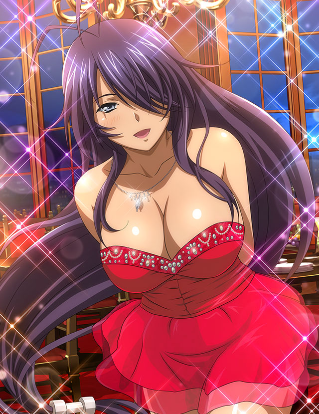 1girl :d antenna_hair breasts cleavage collarbone cowboy_shot dress floating_hair grey_eyes hair_over_one_eye ikkitousen indoors jewelry kan'u_unchou large_breasts layered_dress long_hair looking_at_viewer low-tied_long_hair necklace open_mouth purple_hair red_dress shiny shiny_hair shiny_skin short_dress smile solo sparkle standing strapless strapless_dress very_long_hair