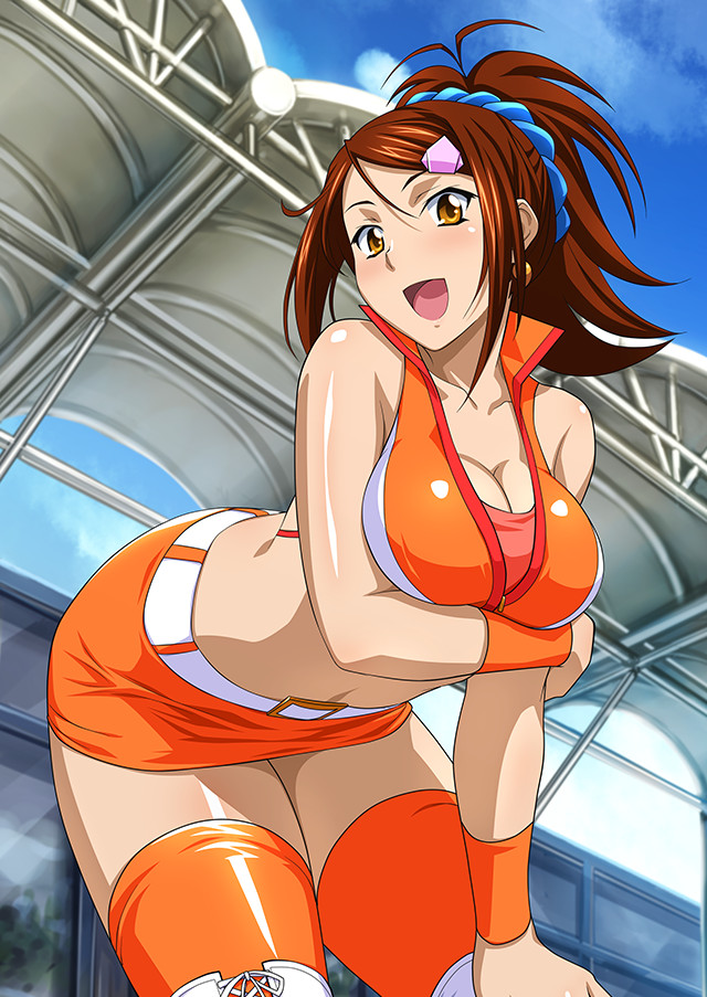 1girl :d alternate_costume bachou_mouki belt belt_buckle blue_scrunchie boots breast_rest breasts brown_eyes brown_hair buckle cleavage collarbone day earrings hair_between_eyes hair_ornament hair_scrunchie hairclip hand_on_own_knee high_ponytail ikkitousen jewelry large_breasts long_hair magatama magatama_earrings midriff miniskirt open_mouth orange_skirt orange_thighhighs outdoors pencil_skirt race_queen scrunchie shiny shiny_hair shiny_skin skirt smile solo stomach thigh_boots thighhighs white_belt white_footwear zettai_ryouiki