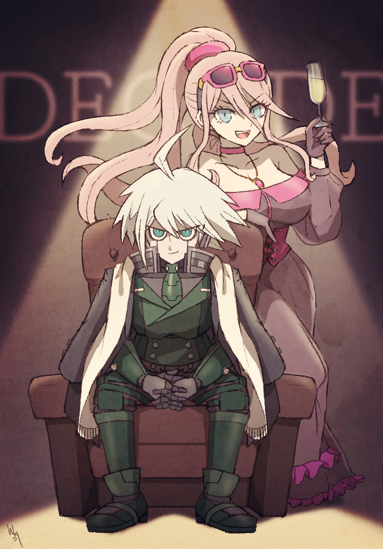 1boy 1girl :d armchair bangs bare_shoulders breasts brown_gloves brown_jacket chair collarbone cup danganronpa_(series) danganronpa_10th_anniversary_costume danganronpa_v3:_killing_harmony dress eyewear_on_head glass gloves hair_between_eyes hakusoto hand_up holding holding_cup iruma_miu jacket jacket_on_shoulders jewelry keebo large_breasts long_hair necklace official_alternate_costume ponytail red_dress shoes sitting smile sunglasses teeth upper_teeth_only