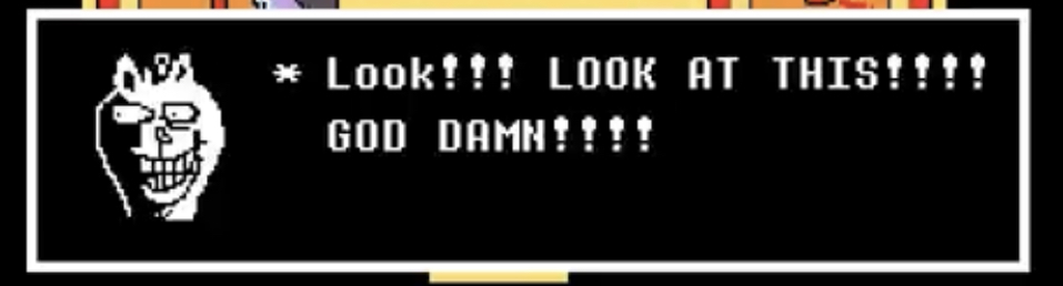 burgerpants cropped deltarune dialogue_box dramatic_lighting exclamation_point humanoid male reaction_image reaction_shot solo text text_box toby_fox undertale_(series) video_games