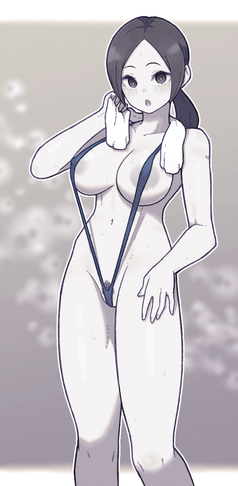 1girl colored_skin female_pubic_hair grey_eyes grey_hair hand_on_hip highres lamb-oic029 large_areolae looking_at_viewer open_mouth ponytail pubic_hair slingshot_swimsuit super_smash_bros. swimsuit towel white_skin wii_fit_trainer wii_fit_trainer_(female)