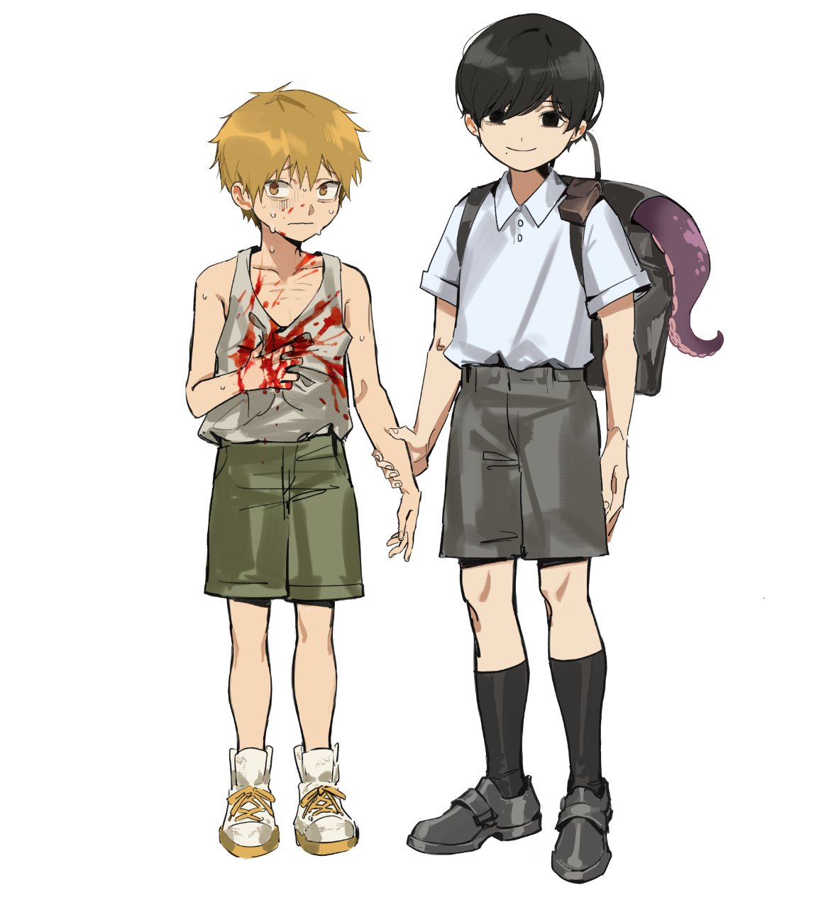 2boys aged_down backpack bag bangs black_hair black_socks blood blood_on_clothes blood_on_face blood_on_hands brown_eyes chainsaw_man closed_mouth collared_shirt denji_(chainsaw_man) full_body gajyago hair_between_eyes highres holding_another's_arm kneehighs korean_commentary light_brown_hair male_focus mole mole_under_mouth multiple_boys octopus_devil_(chainsaw_man) shaded_face shirt shoes short_sleeves shorts simple_background smile sneakers socks standing sweat tank_top tentacles white_background white_shirt yoshida_hirofumi