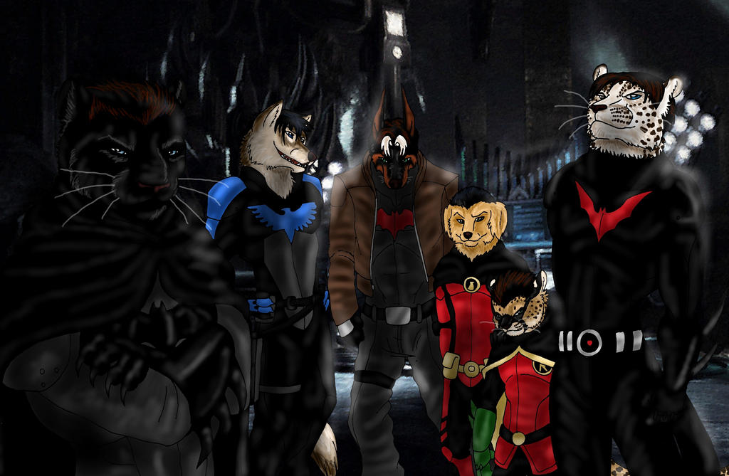 anthro armor batman batman_(series) batman_beyond bird_dog black_body black_fur black_hair blue_eyes bodysuit brown_body brown_eyes brown_fur brown_hair bruce_wayne canid canine canis cape cheetah clothed clothing damian_wayne dc_comics dick_grayson dobermann domestic_dog dragonlordrynn felid feline fur golden_retriever green_eyes group hair hunting_dog jacket jason_todd leopard male mammal markings multicolored_hair nightwing_(dc) pantherine pinscher red_hood_(dc) red_robin_(dc) retriever robin_(dc) skinsuit snow_leopard spots spotted_body spotted_fur superhero terry_mcginnis tight_clothing tim_drake topwear two_tone_hair whiskers white_body white_fur white_hair wolf