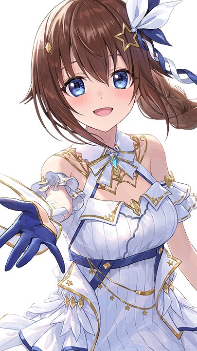 1girl :d bangs bare_shoulders blue_eyes blue_gloves braid breasts brown_hair commentary dress gloves guchico hair_between_eyes hair_ornament half_gloves hololive light_blush long_hair looking_at_viewer medium_breasts open_mouth outstretched_arm simple_background smile solo star_(symbol) star_hair_ornament symbol-only_commentary tokino_sora virtual_youtuber white_background white_dress