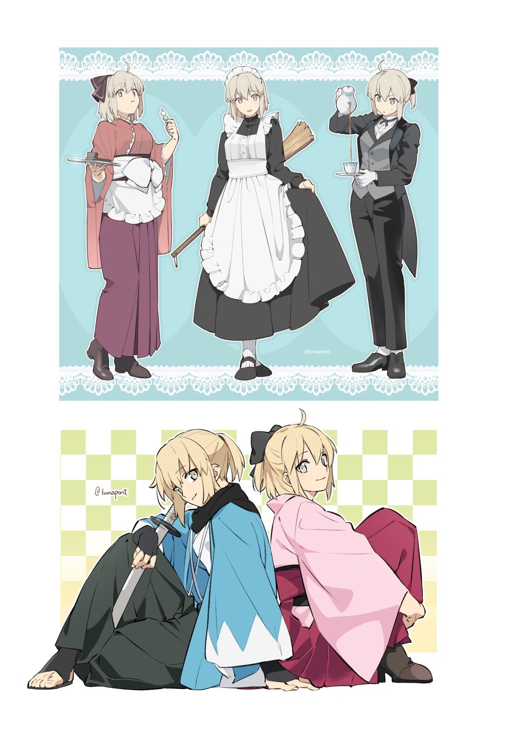 1girl ahoge alternate_costume apron back-to-back bangs black_bow black_footwear black_pants blonde_hair boots border bow broom brown_footwear checkered_background cup dango decantering enmaided fate/grand_order fate_(series) fingerless_gloves food gloves grey_vest hair_between_eyes hair_bow hakama hakama_skirt heel_up high_heel_boots high_heels highres holding holding_cup hugging_own_legs japanese_clothes katana kimono knees_to_chest lace_background long_sleeves looking_at_viewer lunapont maid maid_apron mary_janes multiple_views obi okita_souji_(fate) open_mouth outside_border pants pink_kimono ponytail sash saucer shirt shoes short_hair skirt smile socks sword teacup teapot toeless_legwear tray twitter_username vest wagashi weapon white_apron white_border white_shirt white_socks wide_sleeves yellow_eyes