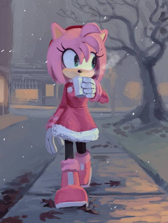 amy_rose boots cup hedgehog_girl holding holding_cup mobian non-web_source outdoors pink_fur scenery sidewalk snowing sonic_(series) walking winter_clothes