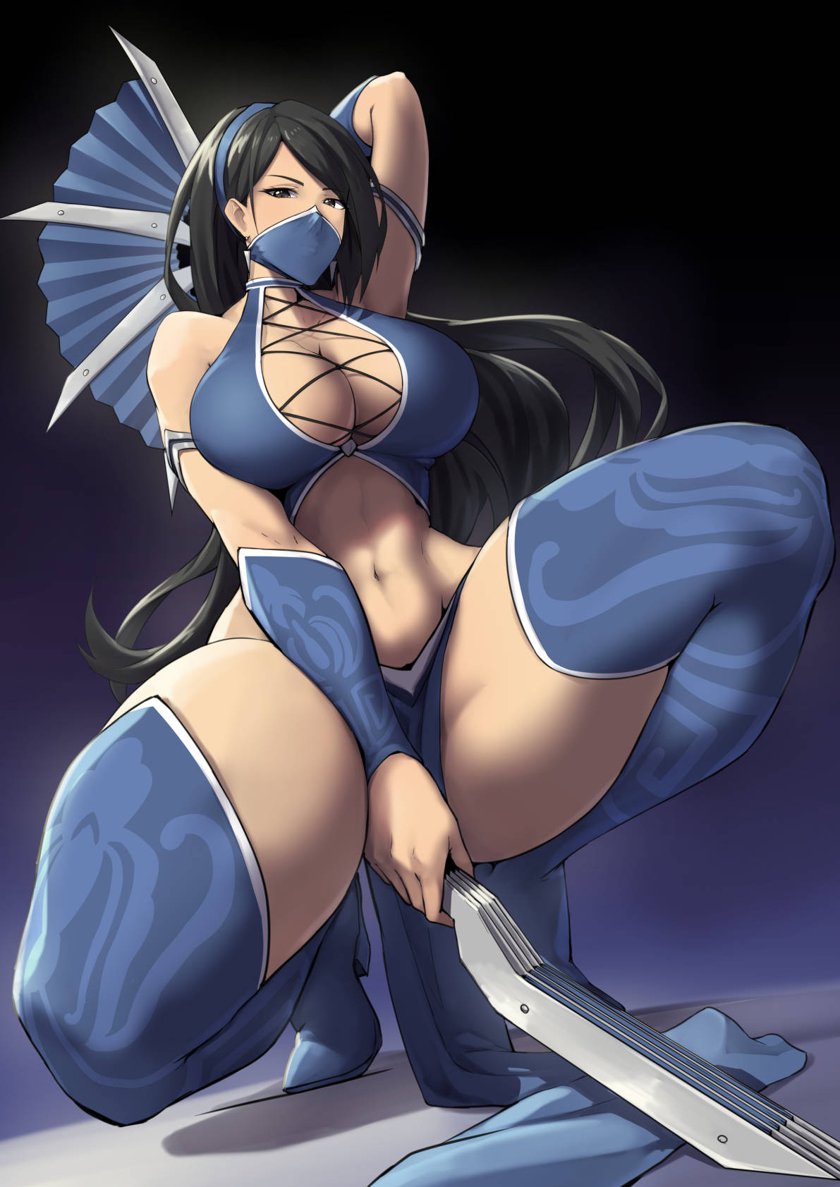 1girl bangs bare_shoulders black_eyes black_hair blue_background blue_footwear blue_thighhighs boots breasts brown_eyes cleavage commentary commission covered_mouth cross-laced_clothes dual_wielding earrings elbow_gloves gloves hand_fan highleg highres holding holding_weapon japanese_clothes jewelry kitana large_breasts long_hair looking_at_viewer looking_back mask mortal_kombat mortal_kombat_9 mouth_mask ninja ninja_mask packge pelvic_curtain shiny shiny_hair shiny_skin silver_trim simple_background solo squatting thigh_boots thighhighs thighs tiara vambraces weapon