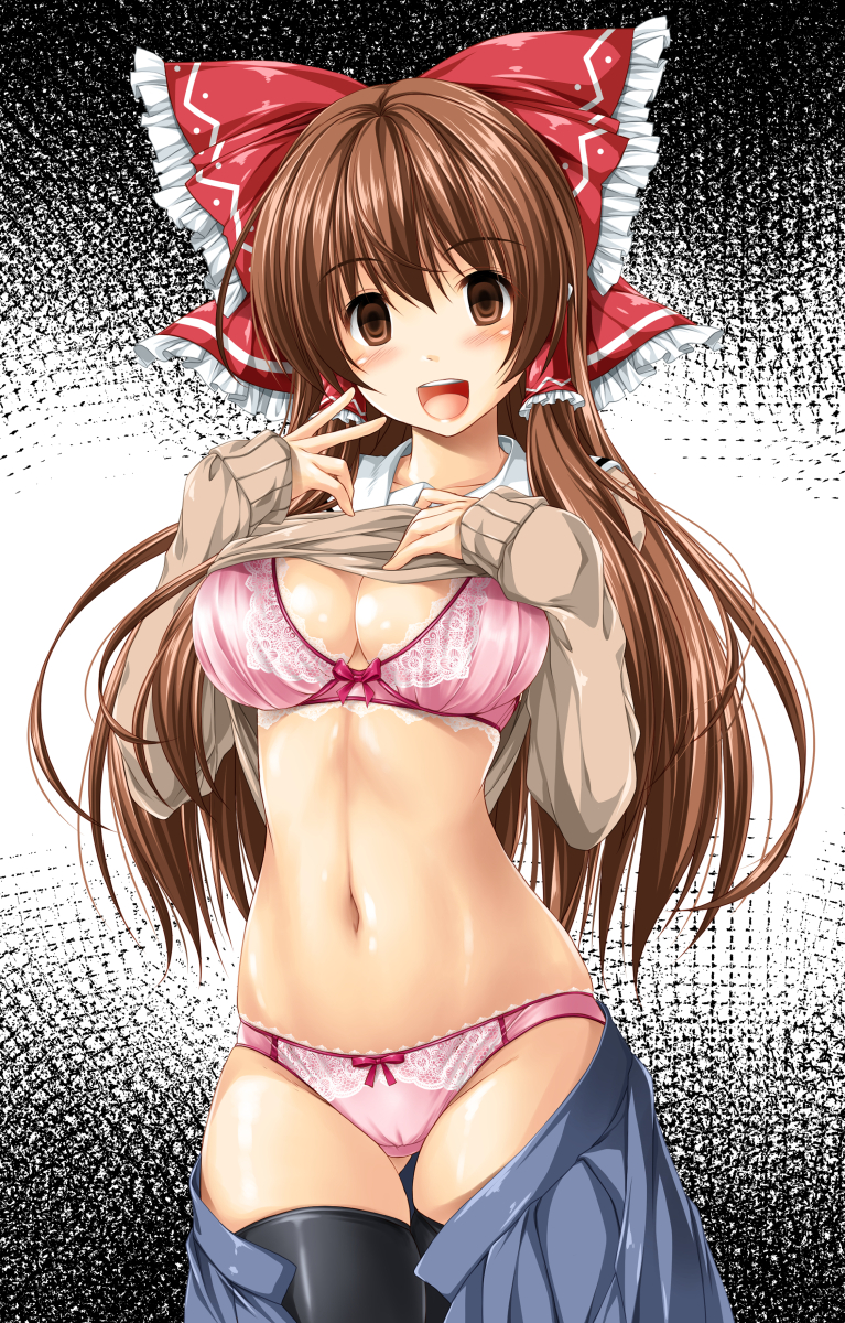 1girl :d ass_visible_through_thighs black_thighhighs blue_skirt bow bow_panties bra breasts brown_eyes brown_hair brown_sleeves cleavage clothes_lift commentary cowboy_shot dot_nose frilled_skirt frills hair_ornament hakurei_reimu hands_on_own_chest highres kamiya_tomoe lace-trimmed_bra lace-trimmed_panties lace_trim large_breasts long_hair long_sleeves looking_at_viewer low_twintails medium_breasts navel open_mouth panties pink_bra pink_panties school_uniform shiny shiny_skin shirt_lift skirt skirt_removed smile solo teeth thigh_gap thighhighs touhou twintails underwear upper_teeth_only