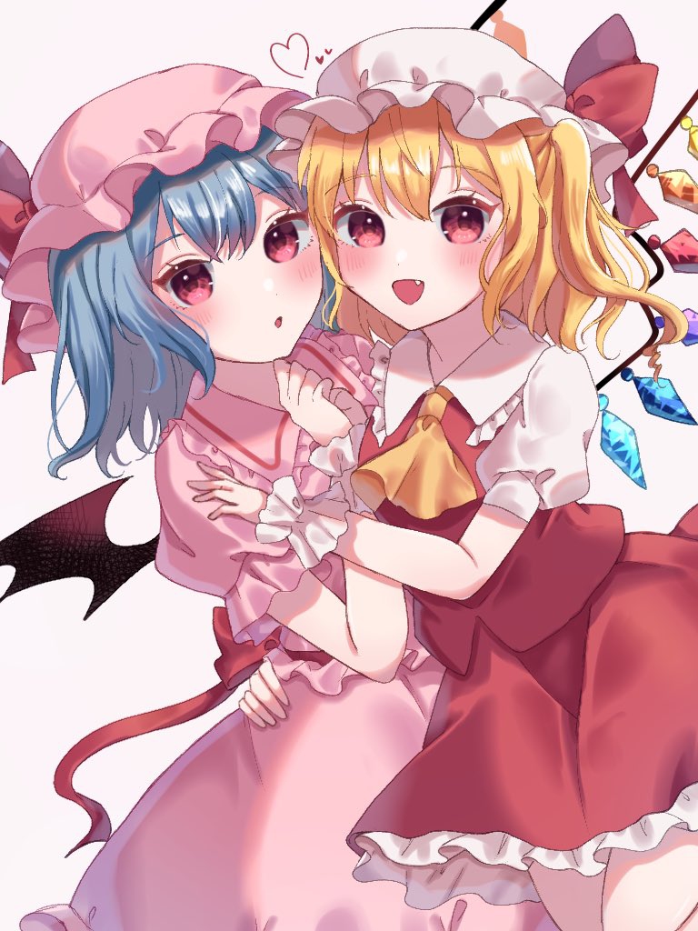 2girls :d ascot bat_wings black_wings blonde_hair blue_hair crystal fang flandre_scarlet hat hat_ribbon heart multiple_girls one_side_up open_mouth pink_headwear pink_shirt pink_skirt puffy_short_sleeves puffy_sleeves red_ribbon red_skirt red_vest remilia_scarlet ribbon shirt short_hair short_sleeves siblings simple_background siomi_403 sisters skirt smile touhou vest white_background white_headwear white_shirt wings wrist_cuffs yellow_ascot