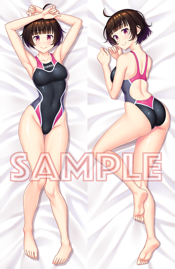 1girl armpits arms_up ass back back_focus bangs bare_legs barefoot bed_sheet black_one-piece_swimsuit black_swimsuit blunt_bangs blush breasts commentary_request competition_swimsuit dakimakura_(medium) feet full_body highleg highleg_swimsuit kuri_(kurigohan) looking_at_viewer lying medium_breasts multiple_views on_back on_stomach one-piece_swimsuit original presenting_armpit red_eyes sample_watermark short_hair smile solo swimsuit