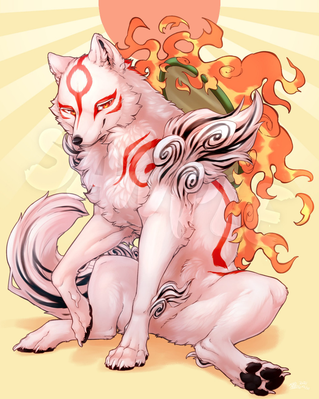 2021 abstract_background amaterasu ankle_tuft black_markings black_pawpads canid canine canis capcom deity featureless_crotch female feral fire fur hi_res ingi inner_ear_fluff leg_tuft looking_at_viewer mammal markings pawpads red_eyes red_markings shoulder_tuft sitting solo tuft video_games watermark white_body white_fur wolf ōkami