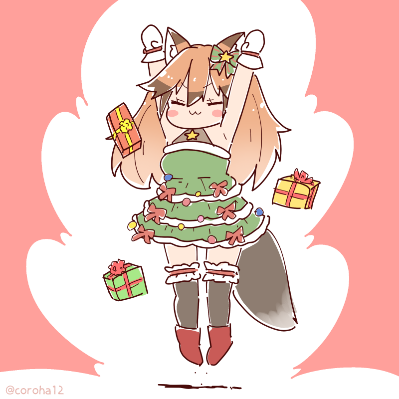 1girl :3 animal_ears bare_shoulders black_thighhighs blush brown_hair christmas christmas_tree_costume closed_eyes commentary_request coroha dress fox_ears fox_girl fox_tail frilled_thighhighs frills green_dress hair_between_eyes jumping kemono_friends kemono_friends_3 long_hair midair official_alternate_costume orange_hair red_fox_(kemono_friends) sidelocks sleeveless solo tail thighhighs zettai_ryouiki