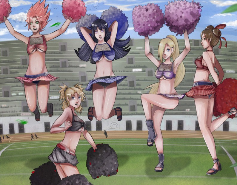 5girls bad_perspective breasts cheerleader cleavage e-nat fisheye haruno_sakura hyuuga_hinata multiple_girls naruto panties pom_poms smile stadium temari tenten underboob yamanaka_ino