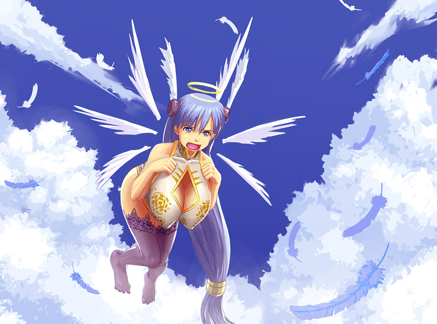 angel bad_id bad_pixiv_id bare_shoulders blue_eyes blue_hair breasts cleavage cloud day feathers hair_ornament halo huge_breasts long_hair original sky solo very_long_hair wings