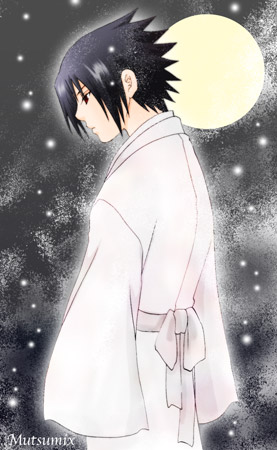 black_eyes black_hair japanese_clothes kimono lowres male_focus mutsumix naruto outdoors sky solo uchiha_sasuke