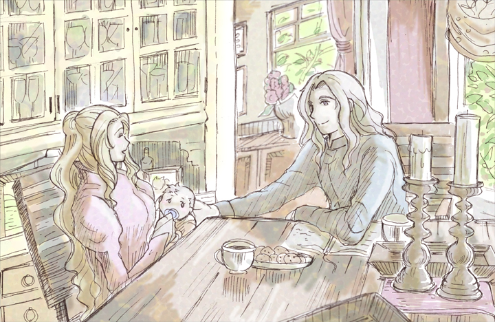 baby blonde_hair candle cecil_harvey ceodore_harvey couple dress family female final_fantasy final_fantasy_iv final_fantasy_iv_the_after grey_hair happy long_hair male na_(pixiv913562) naa_(54891637) ponytail rosa_farrell short_hair sitting table window