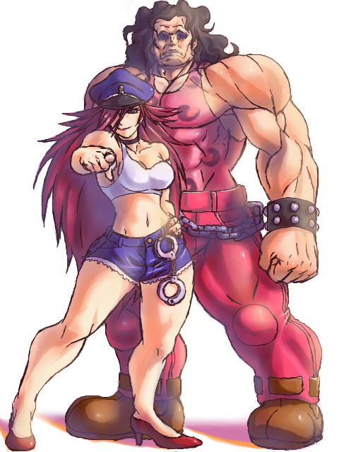 1boy 1girl bare_legs biker_cap black_hair capcom challanging_pose challenging_pose cuffs cutoffs denim denim_shorts final_fight hair_over_one_eye hand_on_hip handcuffs high_heels hugo_andore long_hair midriff muscle pink_hair pointing pointing_at_viewer poison poison_(final_fight) shorts simple_background tank_top very_long_hair white_background