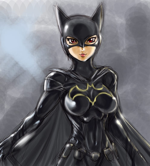 1girl batgirl batman_(series) bodysuit cape cassandra_cain dc_comics female latex mask red_eyes skin_tight solo ueyama_michirou