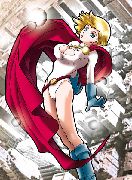 1girl alien belt blonde_hair blue_eyes blue_gloves blue_shoes boots breasts cape cleavage cleavage_cutout dc_comics female gloves kryptonian leotard power_girl red_cape shoes short_hair solo u-k