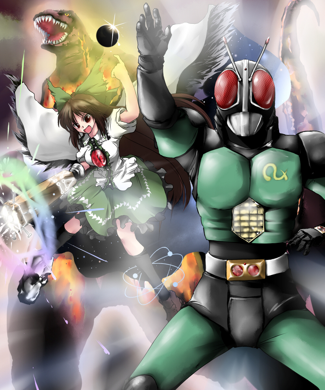 godzilla godzilla_(series) image_sample kamen_rider kamen_rider_black_rx kamen_rider_black_rx_(series) kazami_shirou_(kaizou-zumi) md5_mismatch pixiv_sample reiuji_utsuho touhou