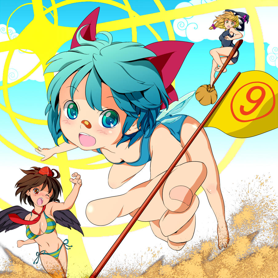 3girls bad_id bad_pixiv_id bikini blue_eyes blue_hair breasts brown_hair cirno duplicate kirisame_marisa medium_breasts multiple_girls red_eyes reri shameimaru_aya short_hair side-tie_bikini swimsuit touhou