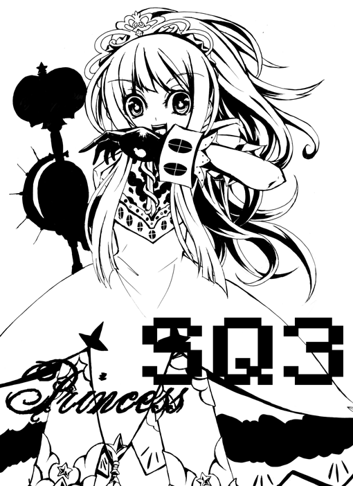 :d bangs covering_mouth crown dress flat_chest gloves greyscale hand_over_own_mouth heart lace laughing long_hair looking_at_viewer monochrome open_mouth princess_(sekaiju) scepter sekaiju_no_meikyuu sekaiju_no_meikyuu_3 short_dress sidelocks simple_background smile solo standing star thighhighs tiara very_long_hair zettai_ryouiki