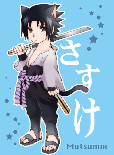 animal_ears black_eyes black_hair full_body lowres male_focus mutsumix naruto solo sword tail uchiha_sasuke weapon