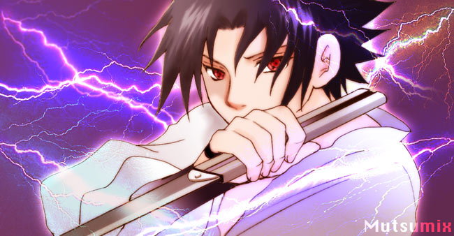 black_hair gradient gradient_background male_focus mutsumix naruto red_eyes solo sword uchiha_sasuke weapon
