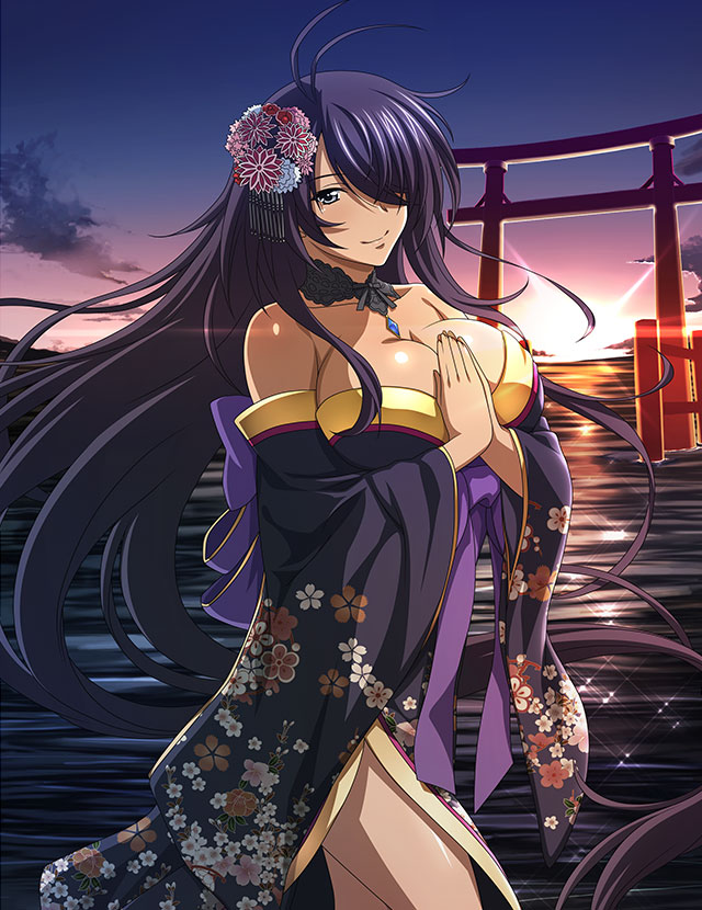 1girl back_bow black_choker black_kimono bow breasts choker cleavage closed_mouth collarbone cowboy_shot floating_hair flower grey_eyes hair_flower hair_ornament hair_over_one_eye ikkitousen japanese_clothes kan'u_unchou kimono large_breasts long_hair long_sleeves off_shoulder outdoors purple_bow purple_hair shiny shiny_hair side_slit smile solo standing sunset torii very_long_hair wide_sleeves