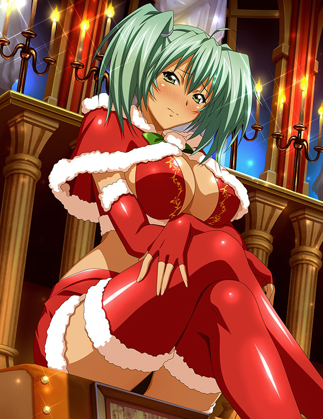 1girl ahoge alternate_costume aqua_hair bangs black_panties blush bow bowtie bra capelet closed_mouth crossed_legs elbow_gloves fingerless_gloves fur-trimmed_capelet fur-trimmed_gloves fur-trimmed_skirt fur-trimmed_thighhighs fur_trim gloves green_bow green_bowtie green_eyes hair_between_eyes ikkitousen indoors long_hair looking_at_viewer miniskirt panties pantyshot red_bra red_capelet red_gloves red_skirt red_thighhighs ryofu_housen santa_costume shiny shiny_clothes shiny_hair shiny_legwear sitting skirt smile solo sparkle thighhighs twintails underwear