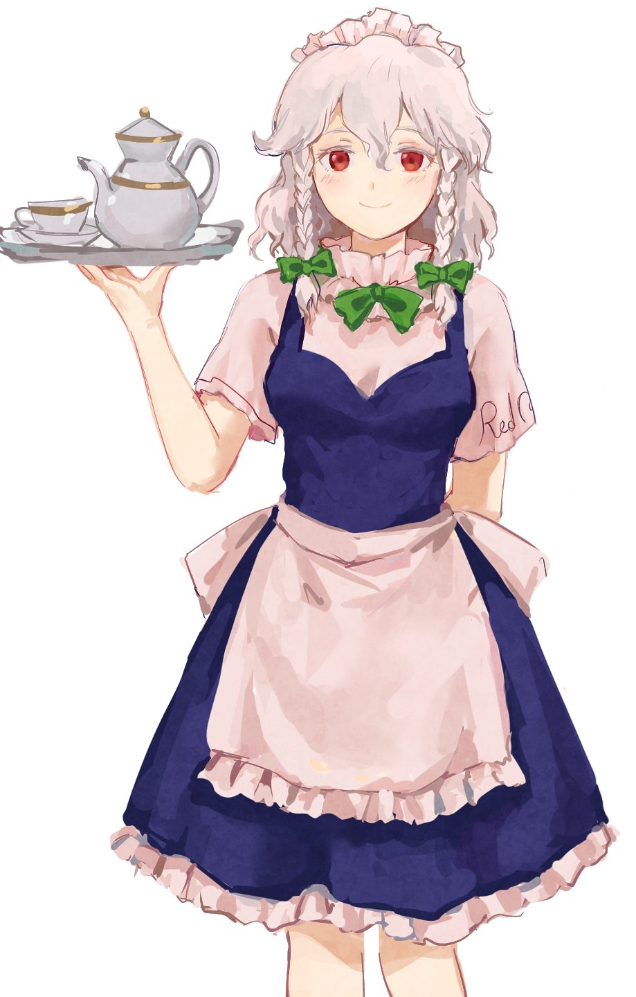 1girl apron back_bow bangs blue_dress bow bowtie closed_mouth clothes_writing collared_shirt cowboy_shot dress embodiment_of_scarlet_devil english_commentary english_text frilled_apron frilled_dress frills green_bow green_bowtie grey_hair hair_bow highres himuhino holding holding_tray izayoi_sakuya looking_at_viewer maid maid_headdress red_eyes shirt short_sleeves simple_background smile solo teapot touhou tray twintails waist_bow white_apron white_background white_bow white_shirt