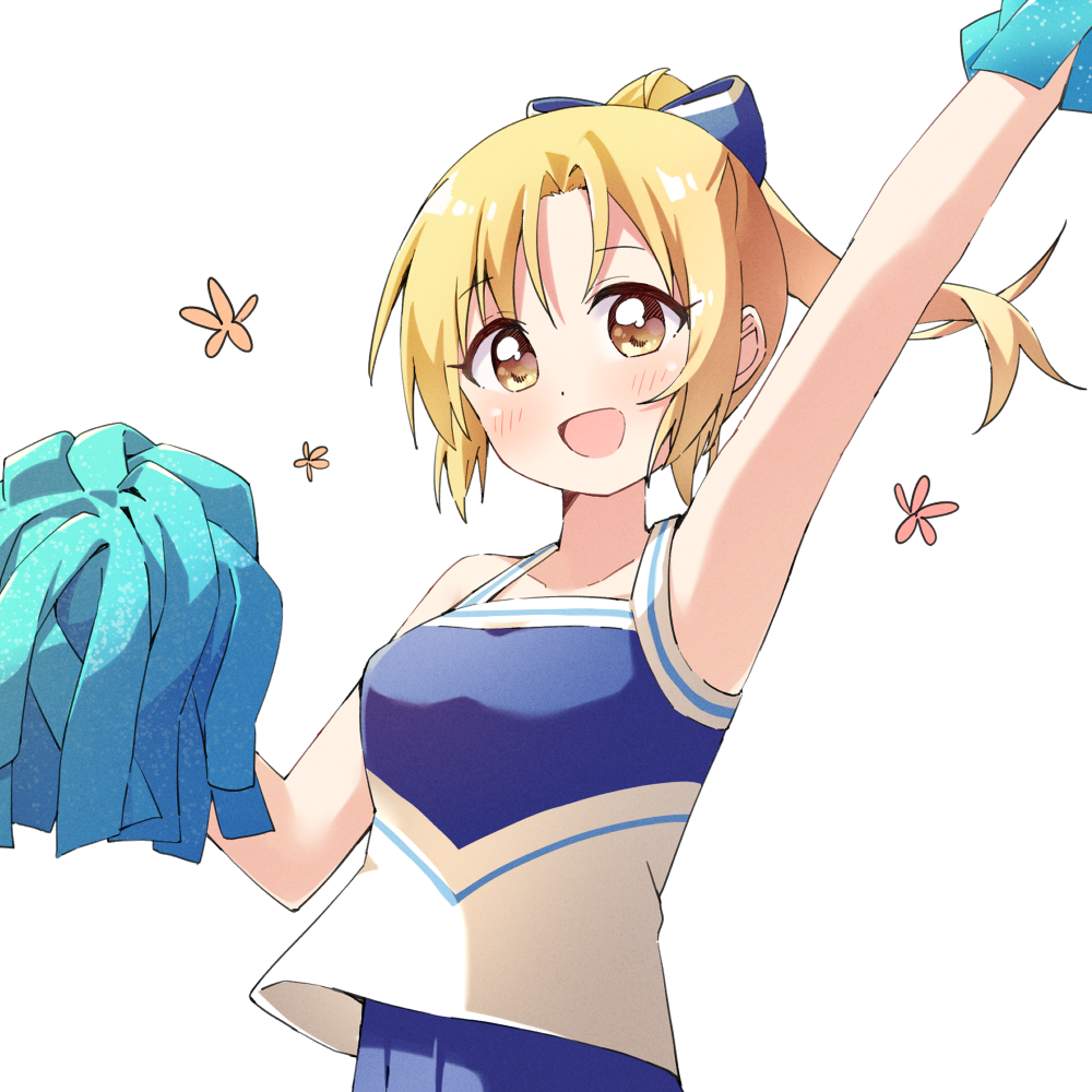 1girl anima_yell! arm_up blonde_hair blue_bow blush bow cheering cheerleader collarbone hair_bow haru_(konomi_150) holding holding_pom_poms open_mouth pom_pom_(cheerleading) ponytail sawatari_uki short_hair simple_background sleeveless smile solo upper_body white_background yellow_eyes