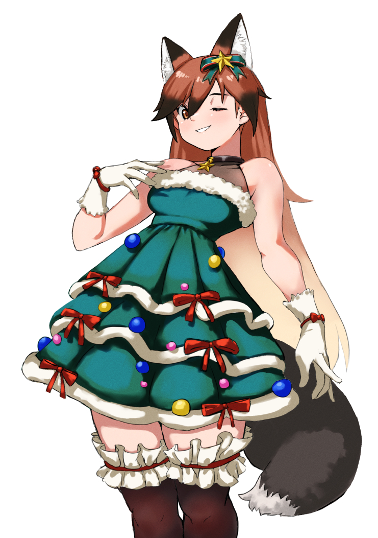 1girl animal_ears bare_shoulders black_choker black_thighhighs brown_hair choker christmas_tree_costume commentary_request dress extra_ears fox_ears fox_girl fox_tail frilled_thighhighs frills fur_trim gloves green_dress hair_between_eyes hatch_(hatch_box) jewelry kemono_friends kemono_friends_3 long_hair looking_at_viewer multicolored_hair necklace official_alternate_costume one_eye_closed orange_eyes orange_hair red_fox_(kemono_friends) sidelocks sleeveless solo star_(symbol) star_necklace tail thighhighs two-tone_hair white_gloves zettai_ryouiki