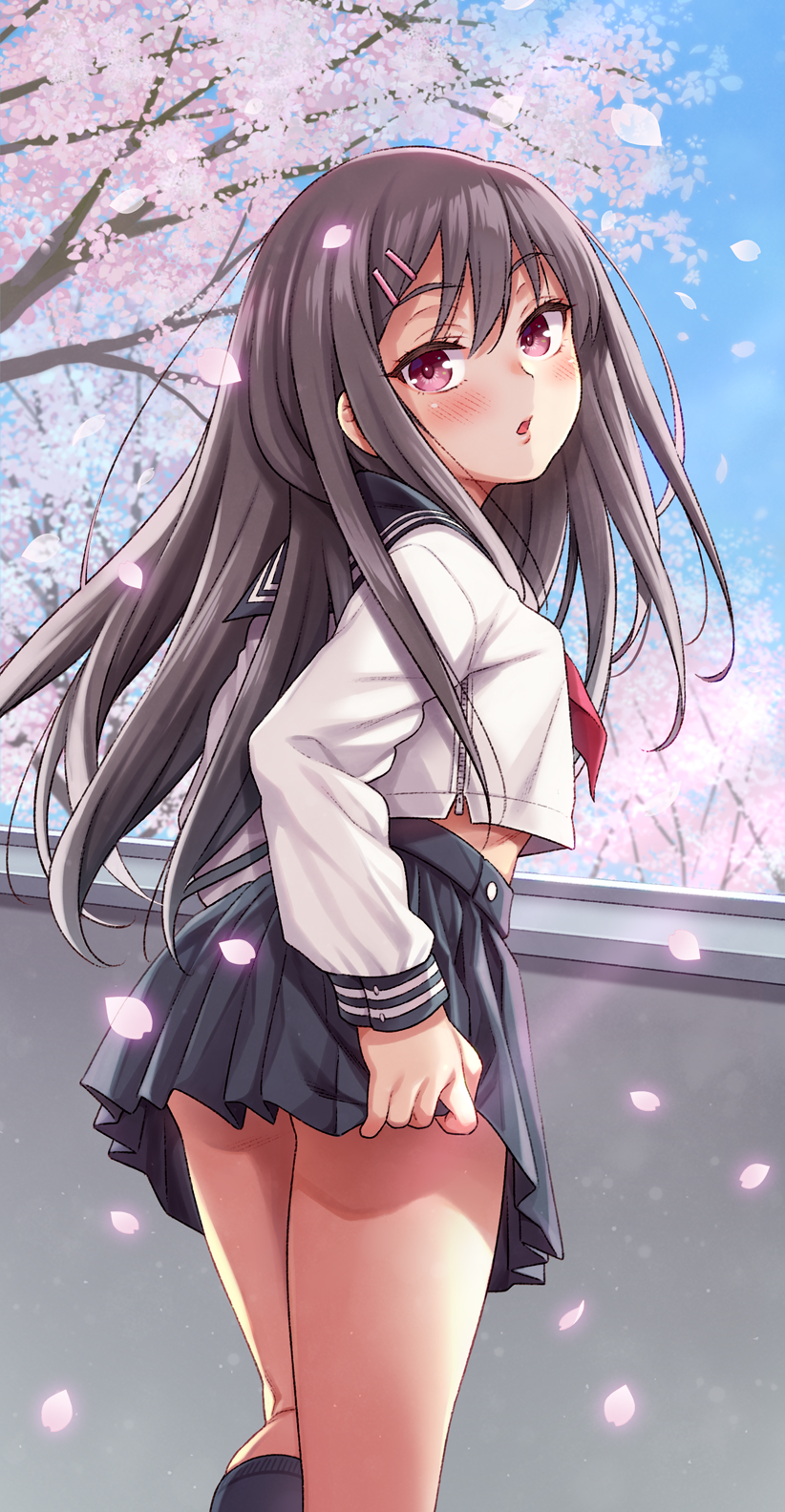 1girl black_hair blush cherry_blossoms hair_ornament hairclip highres long_hair long_sleeves looking_at_viewer midriff_peek neckerchief original purple_eyes sailor_collar school_uniform serafuku skirt socks solo_focus uousa-ou