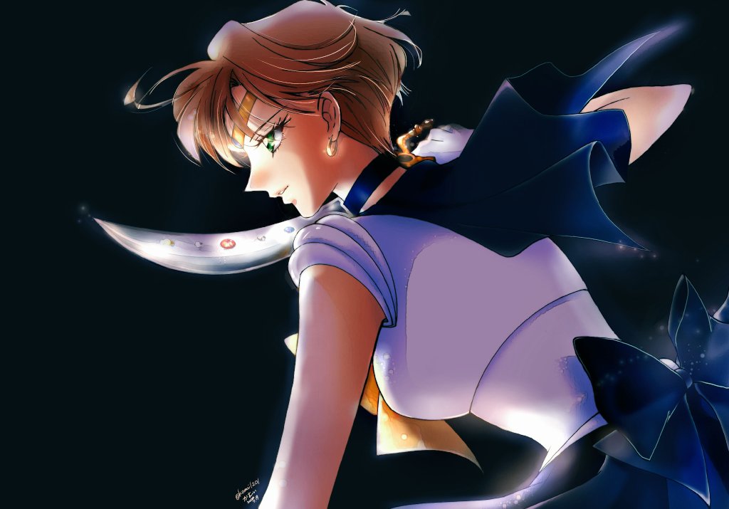 1girl alternate_eye_color back_bow bangs bishoujo_senshi_sailor_moon blonde_hair blue_bow blue_sailor_collar blue_skirt bow bowtie green_eyes kamui1201 miniskirt parted_bangs pleated_skirt sailor_collar sailor_uranus shirt short_hair short_sleeves simple_background skirt solo space_sword ten'ou_haruka very_short_hair white_background white_shirt yellow_bow yellow_bowtie