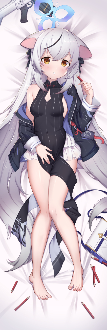 1girl absurdly_long_hair animal_ears bangs bare_legs barefoot bed_sheet black_dress black_jacket blue_archive blush breasts brown_eyes commentary dakimakura_(medium) dress full_body grey_hair gun halo highres holding holding_pencil jacket kokona_(blue_archive) lion_ears long_hair long_sleeves looking_at_viewer medium_breasts on_bed open_clothes open_jacket parted_lips pencil sleeveless sleeveless_dress solo symbol-only_commentary uneg very_long_hair weapon