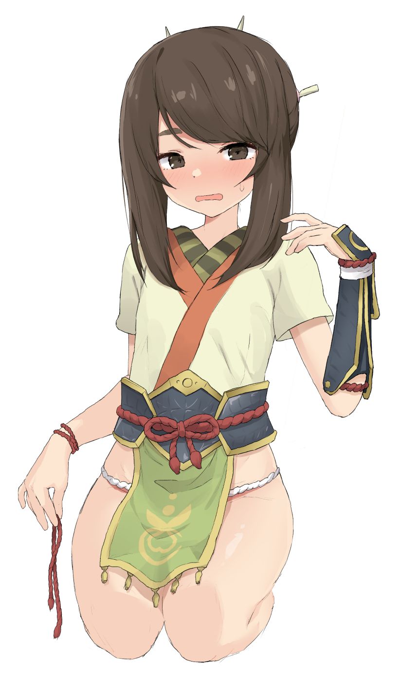 1girl blush bracelet bracer brown_eyes brown_hair dot_nose green_shirt hand_up highres jewelry monster_hunter_(series) monster_hunter_rise open_mouth pelvic_curtain petite seiza shirt short_sleeves sidelocks simple_background sitting solo sweatdrop white_background yakihebi yomogi_(monster_hunter)